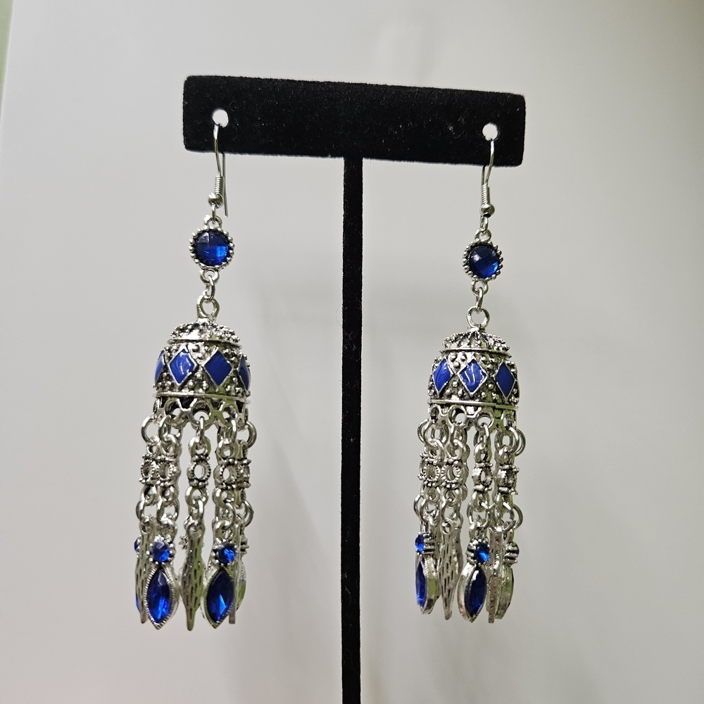 Chandelier Earrings Blue Rhinestones and Silver Jhumkas Diwali Bollywood - Picture 5 of 13
